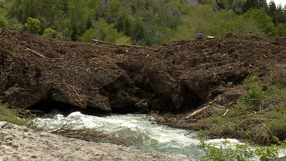The debris leftover from an avalanche in January is seen at Bridal Veil Falls in Provo Canyon Monday.