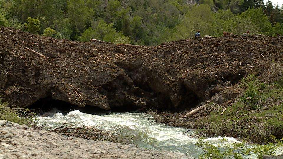 The debris leftover from an avalanche in January is seen at Bridal Veil Falls in Provo Canyon Monday.