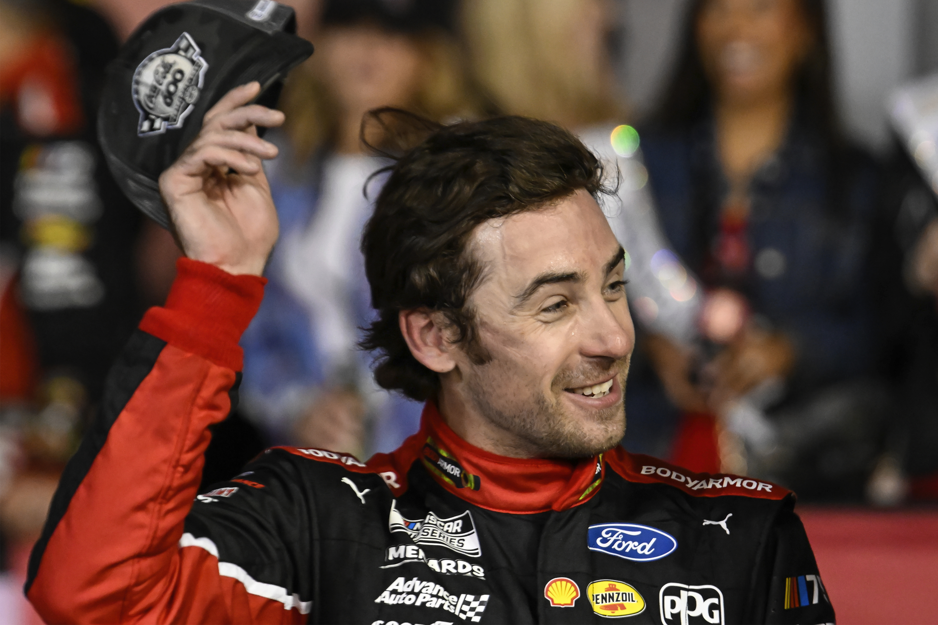 Ryan Blaney smiles in Victory Lane after winning a NASCAR Cup Series auto race at Charlotte Motor Speedway, Monday, May 29, 2023, in Concord, N.C.