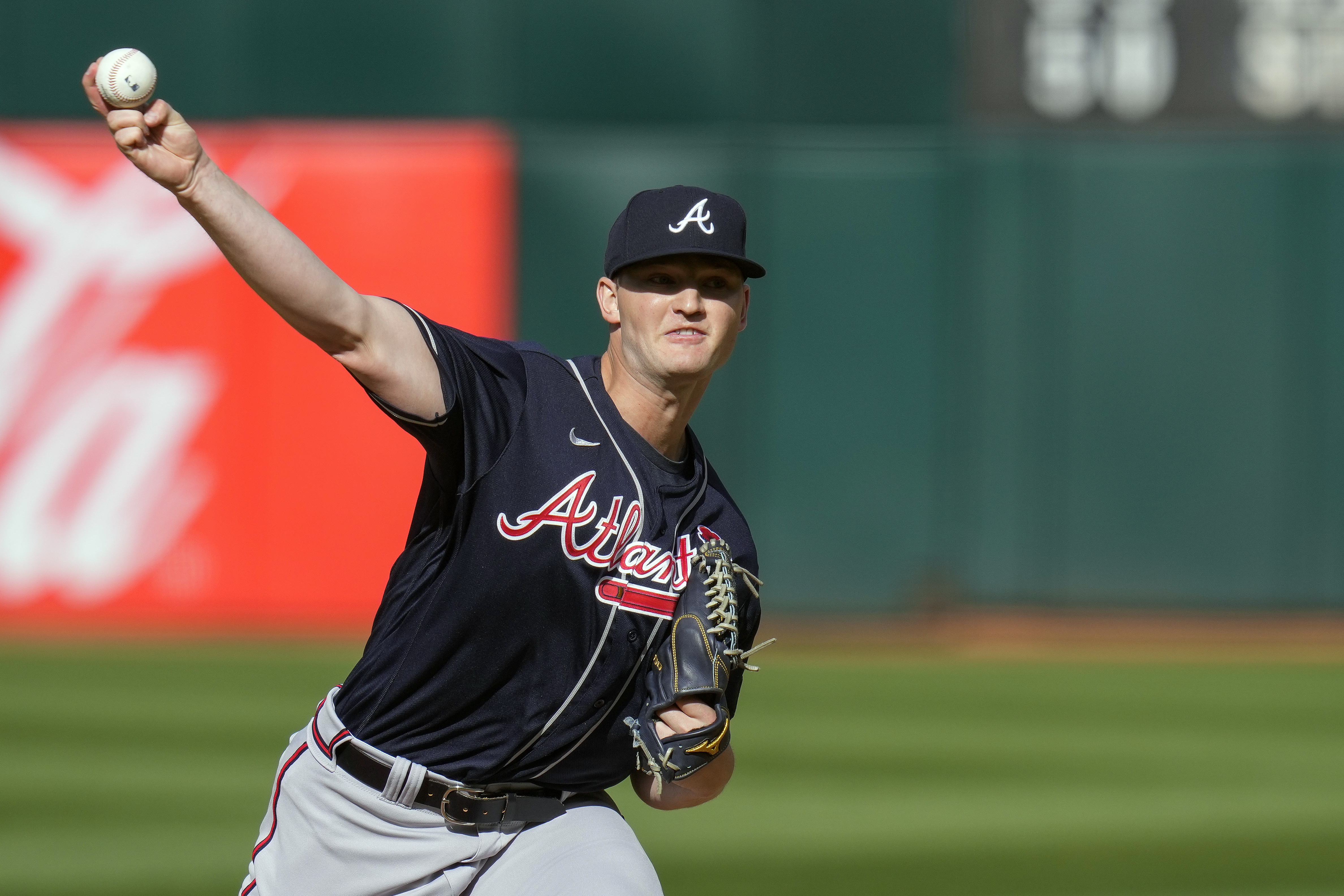 Atlanta Braves pitcher Michael Soroka throws against the Oakland Athletics during the first inning of a baseball game in Oakland, Calif., Monday, May 29, 2023.