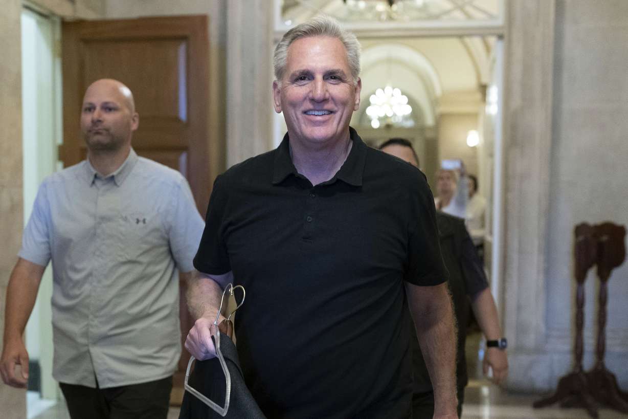 Speaker of the House Kevin McCarthy, R-Calif., walks to leave Capitol Hill, Monday, in Washington. After weeks of negotiations, President Joe Biden and McCarthy struck an agreement to avert a potentially devastating government default.