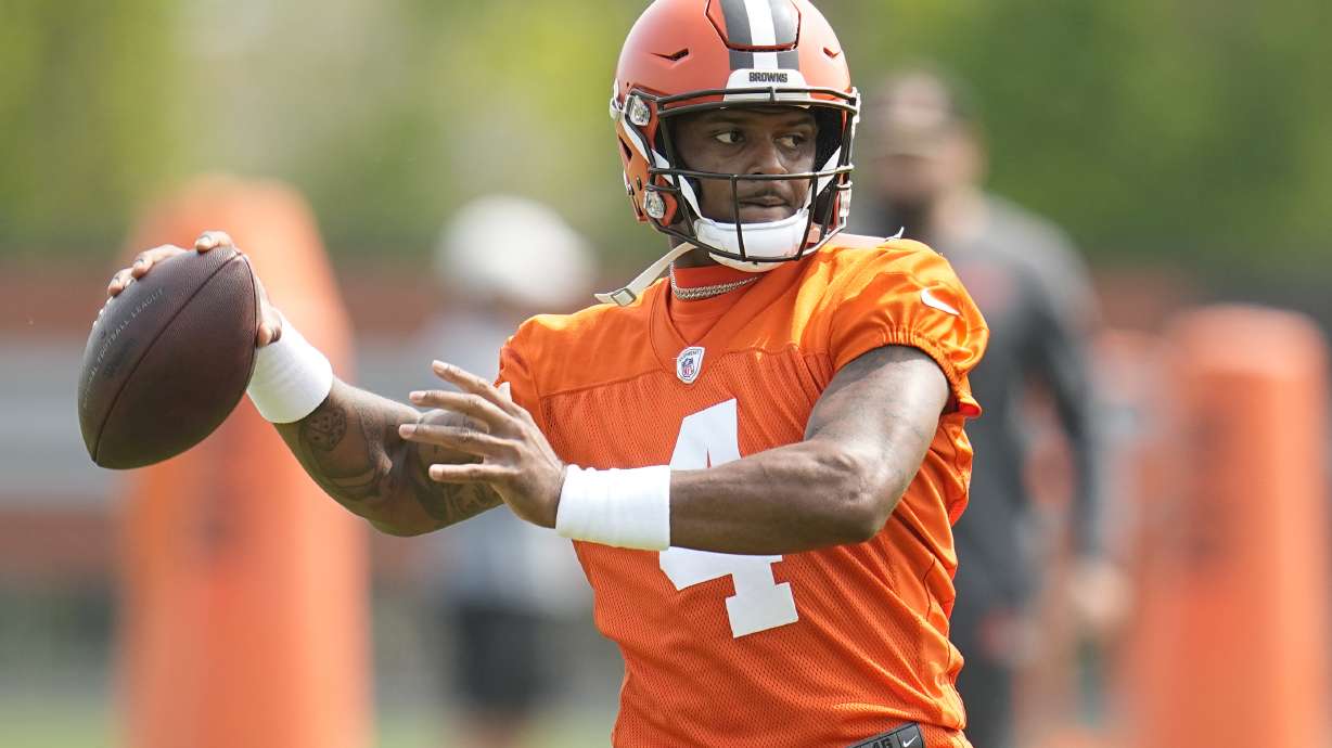 Cleveland Browns quarterback Deshaun Watson (4) warms up during NFL football practice, Wednesday, May 24, 2023, in Berea, Ohio.