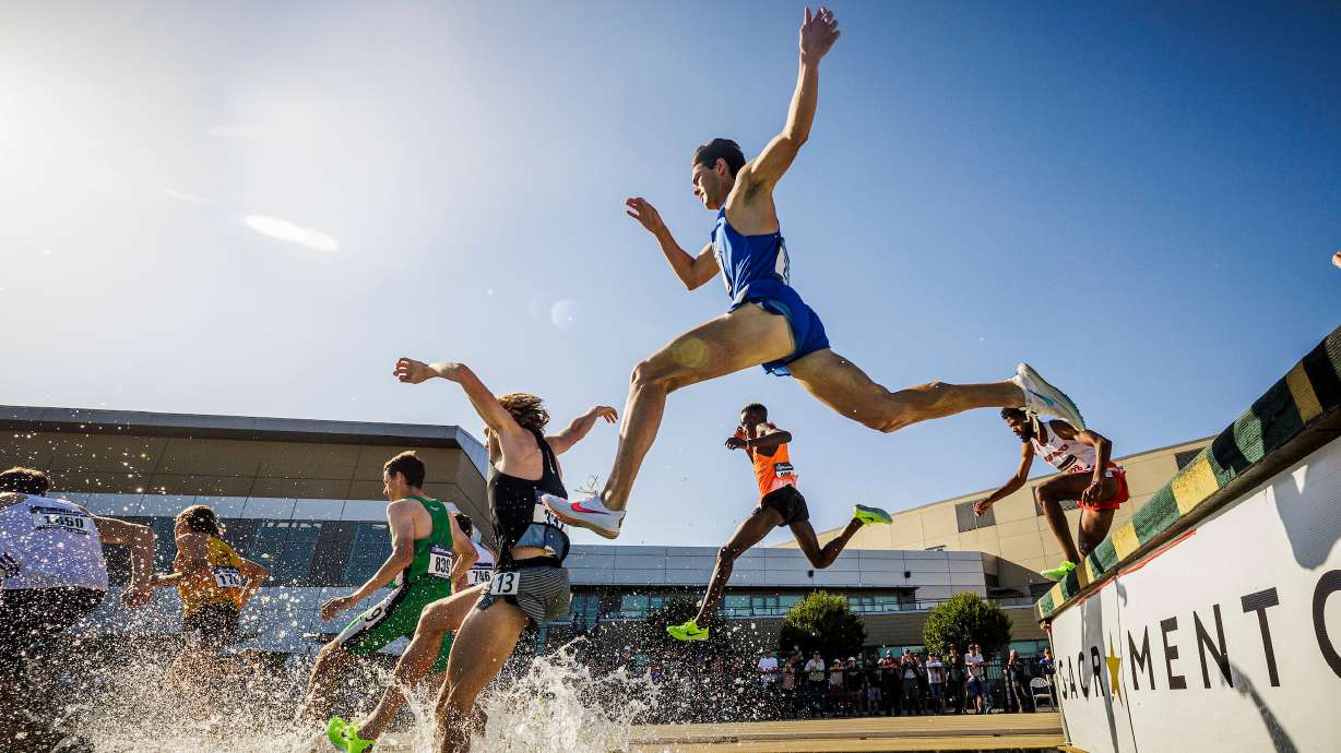BYU athletes compete in the 3,000-meter steeple chase at the NCAA track and field west preliminaries, May 26, 2023, in Sacramento, Calif.