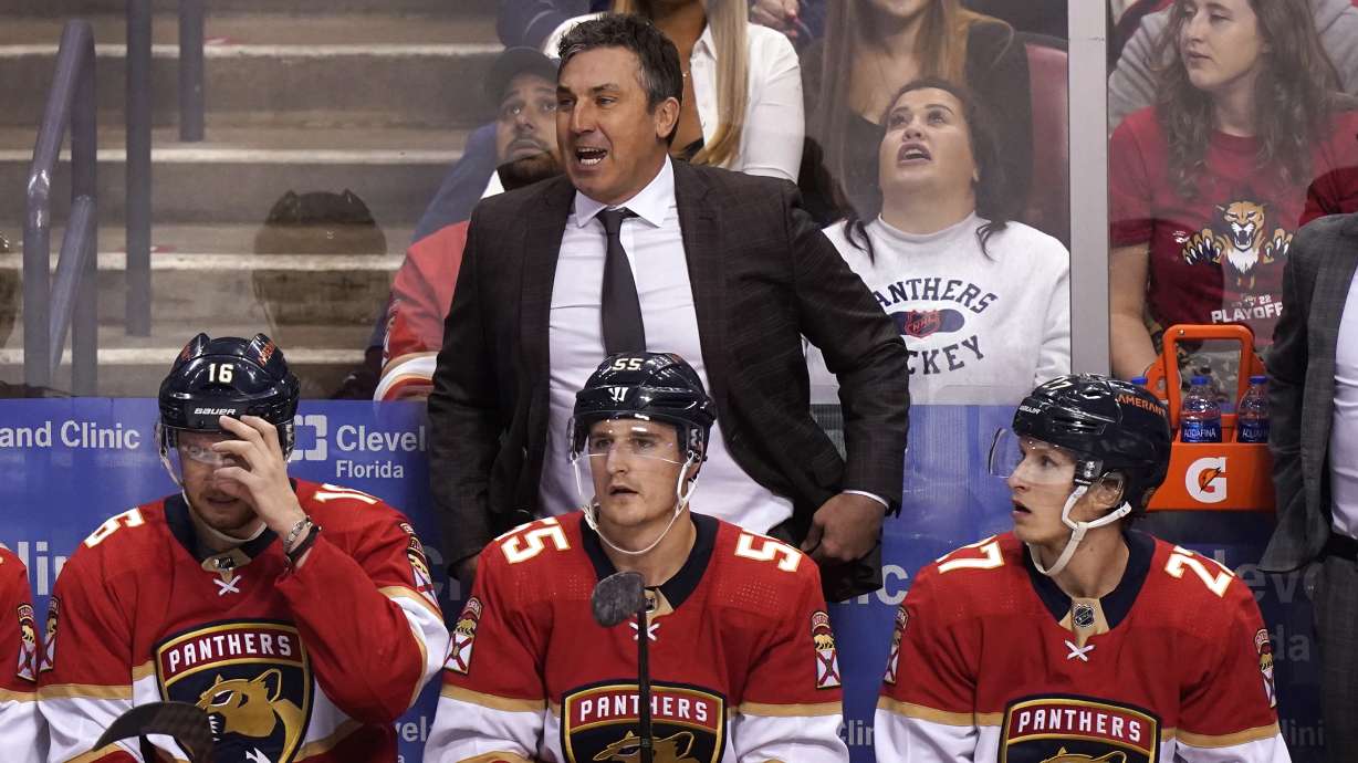 FILE - Florida Panthers interim coach Andrew Brunette yells during the second period of Game 2 of an NHL hockey first-round playoff series against the Washington Capitals, Thursday, May 5, 2022, in Sunrise, Fla. The coaching shuffle in Nashville is complete, with Andrew Brunette officially hired as the Predators coach on Wednesday, May 31, 2023, a little over 12 hours after the team announced that John Hynes was fired.