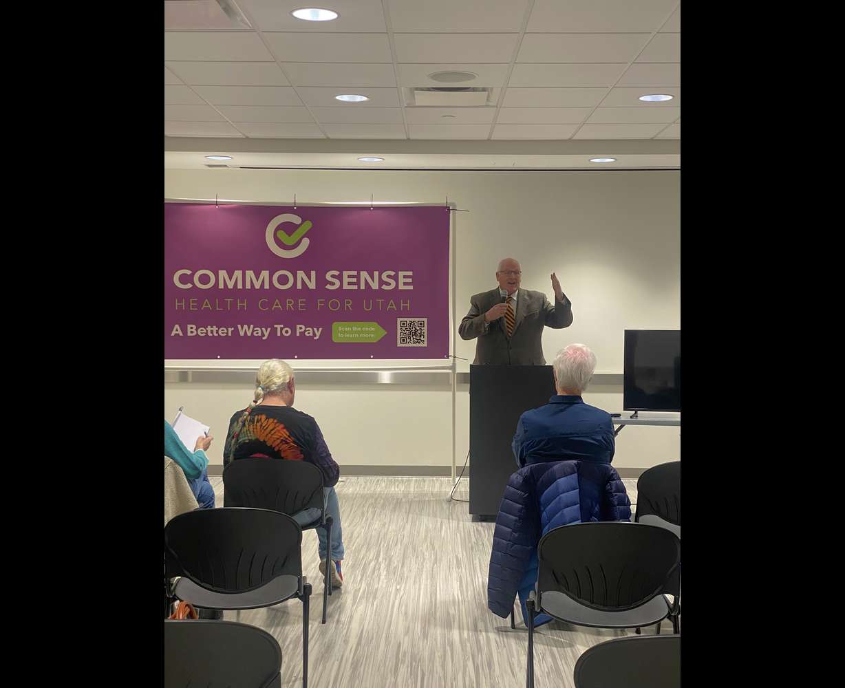 Dr. Joseph Jarvis speaks to a group during the Common Sense Health Care's listening tour in Ogden in February.