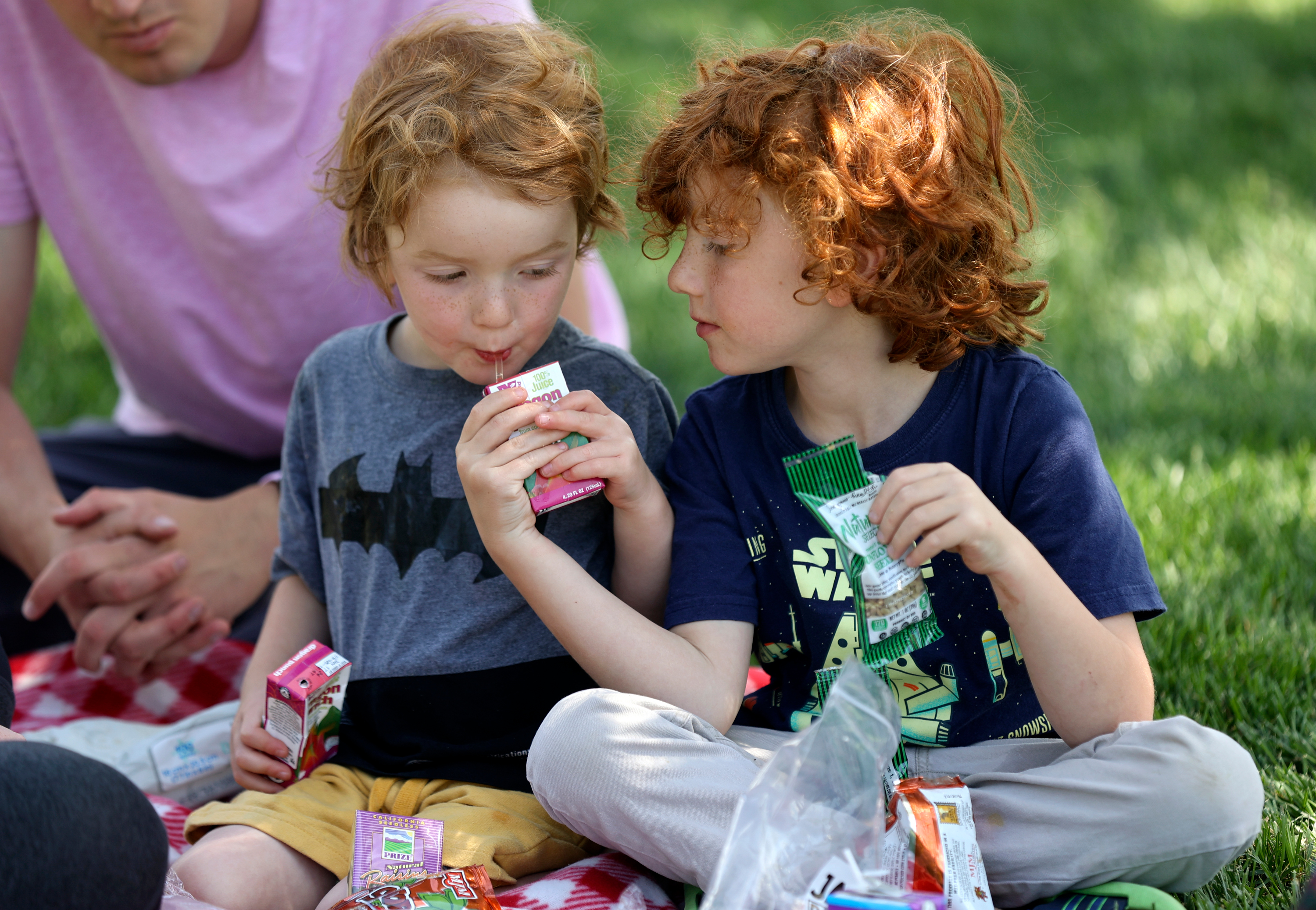 Jude Monson shares a juice box with Remi Monson as they eat bagged lunches from the Utah Food Bank at Downtown Park in Pleasant Grove on Wednesday.