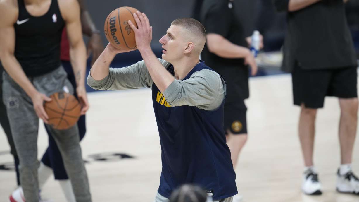 Denver Nuggets center Nikola Jokic practices ahead of Game 1 of the NBA basketball finals against the Miami Heat Wednesday, May 31, 2023, in Denver.