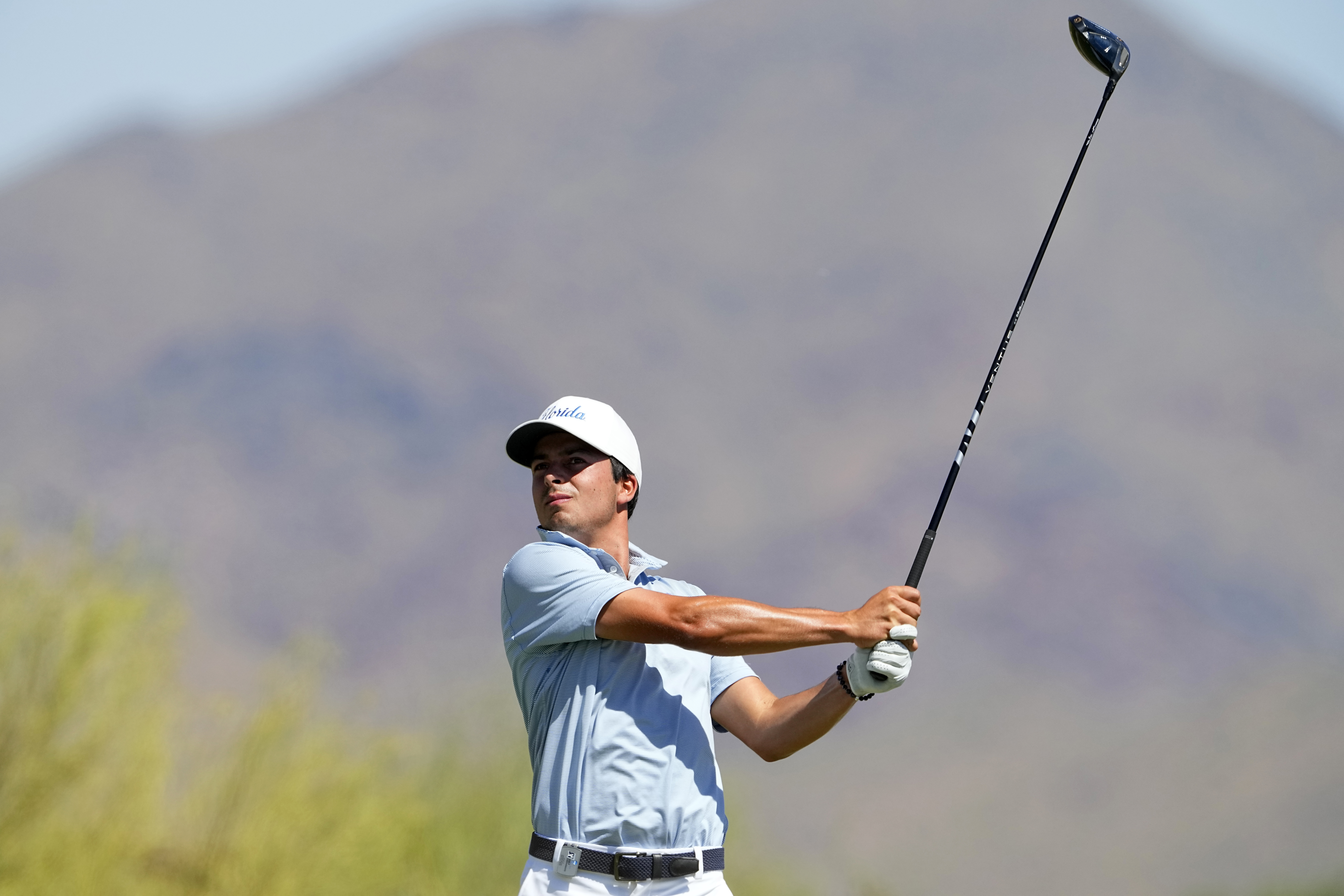 Florida golfer Fred Biondi hits from the third tee during the final round of the NCAA college men's match play golf championship, Wednesday, May 31, 2023, in Scottsdale, Ariz.