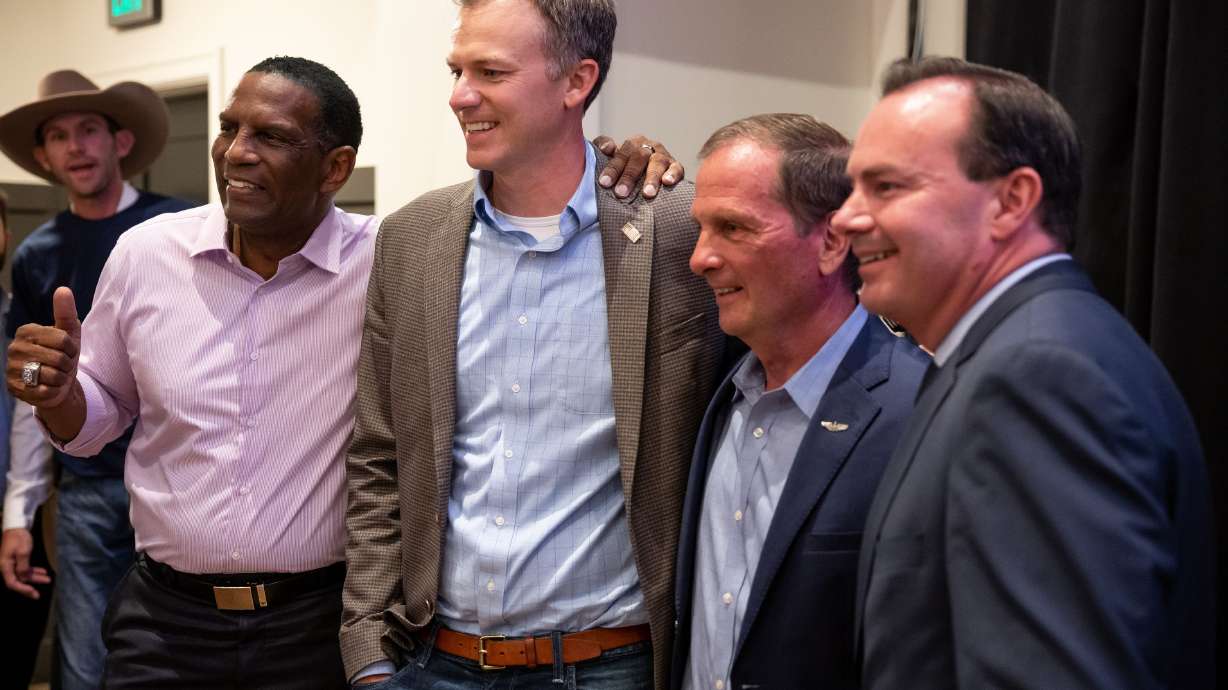 Rep. Burgess Owens, Rep. Blake Moore, Rep. Chris Stewart and Sen. Mike Lee at the Awaken Event Center in South Jordan after each won their primary race on June 28, 2022. All four voted in favor of the Fiscal Responsibility Act on Wednesday.