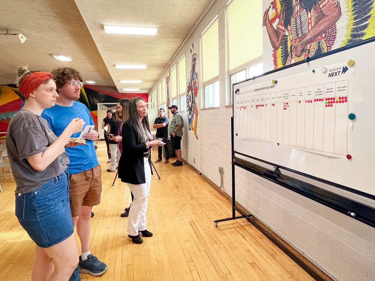 Ballpark neighborhood residents read a list of possible themes they would like to see before voting on them during a meeting at the Urban Indian Center of Salt Lake in Salt Lake City Wednesday evening. The feedback is being used to help guide what is next for Smith's Ballpark after the Salt Lake Bees leave at the end of the 2024 season.