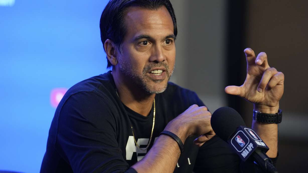 Miami Heat head coach Erik Spoelstra responds to a question during a news conference before Game 1 of the NBA basketball finals against the Denver Nuggets Wednesday, May 31, 2023, in Denver. The Heat face the Denver Nuggets in Game 1 of the NBA Finals Thursday.