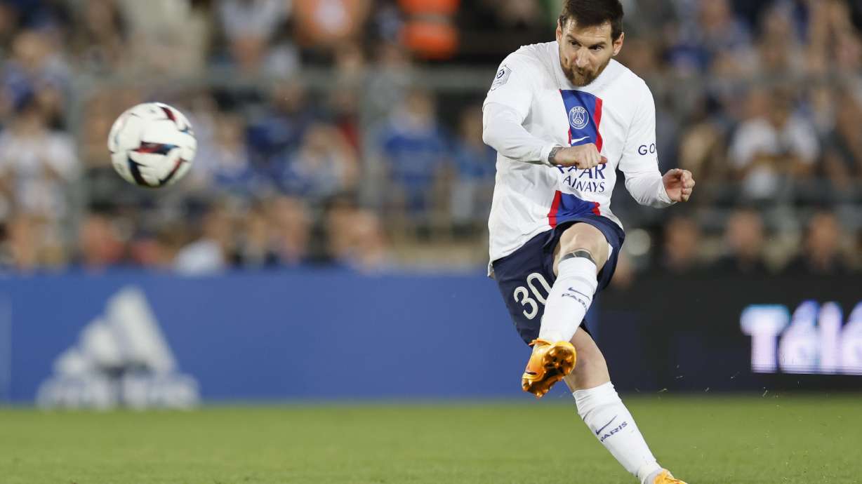 PSG's Lionel Messi kicks the ball during the French League One soccer match between Strasbourg and Paris Saint Germain at Stade de la Meinau stadium in Strasbourg, eastern France, Saturday, May 27, 2023.