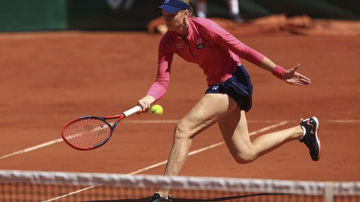 Kazakhstan's Elena Rybakina plays a shot against Linda Noskova of the Czech Republic during their second round match of the French Open tennis tournament at the Roland Garros stadium in Paris, Thursday, June 1, 2023.