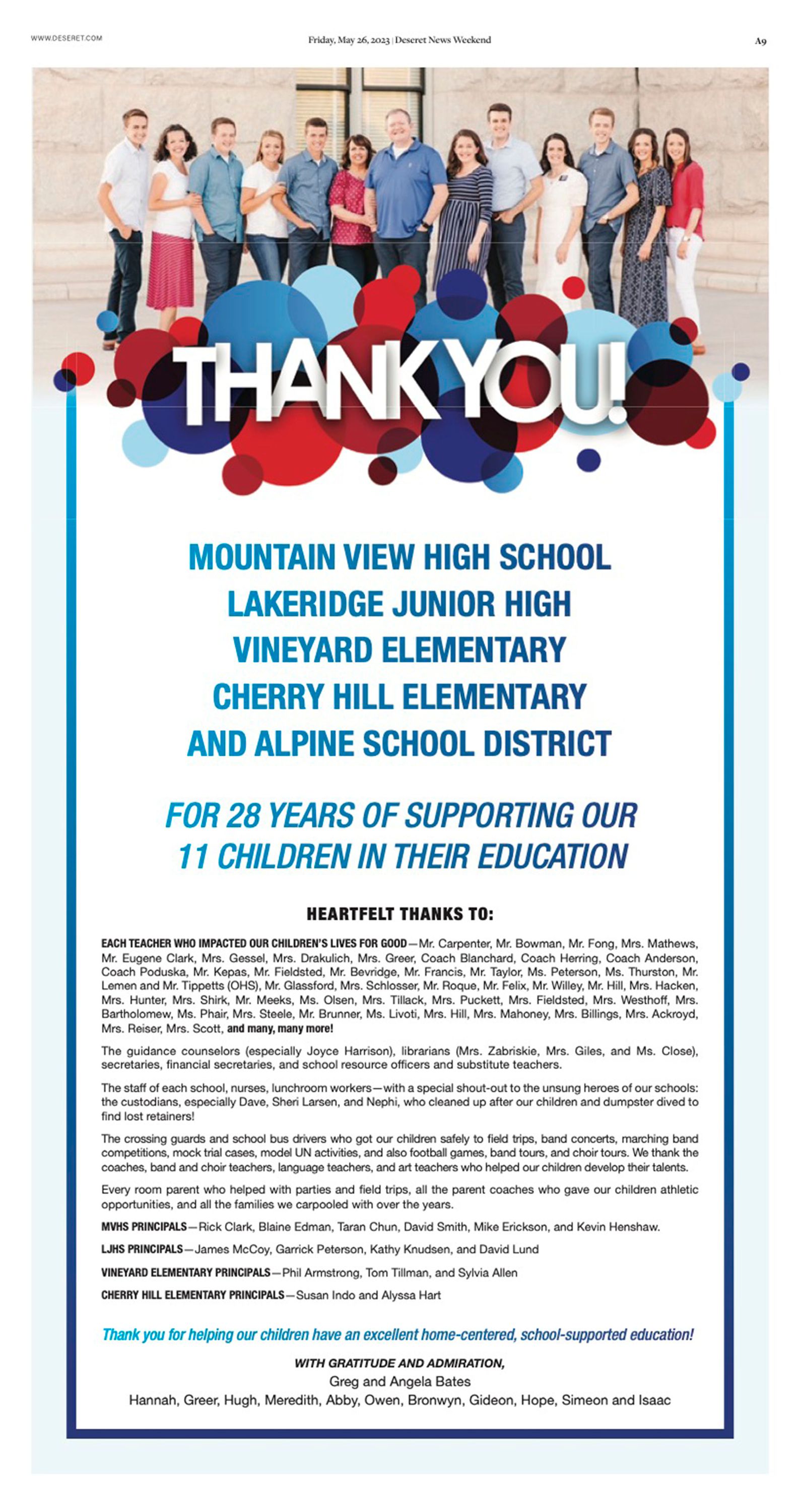 The Bates siblings gather after the youngest graduated May 25 from Mountain View High School in Orem. The parents took out a full-page ad in the Deseret News to thank all of the educators, school support staff and friends in the community who helped their kids succeed.