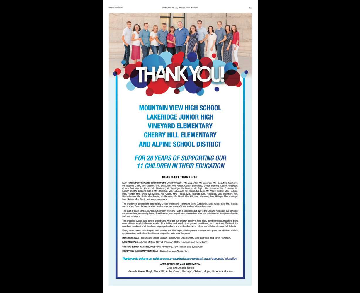 The Bates siblings gather after the youngest graduated May 25 from Mountain View High School in Orem. The parents took out a full-page ad in the Deseret News to thank all of the educators, school support staff and friends in the community who helped their kids succeed.