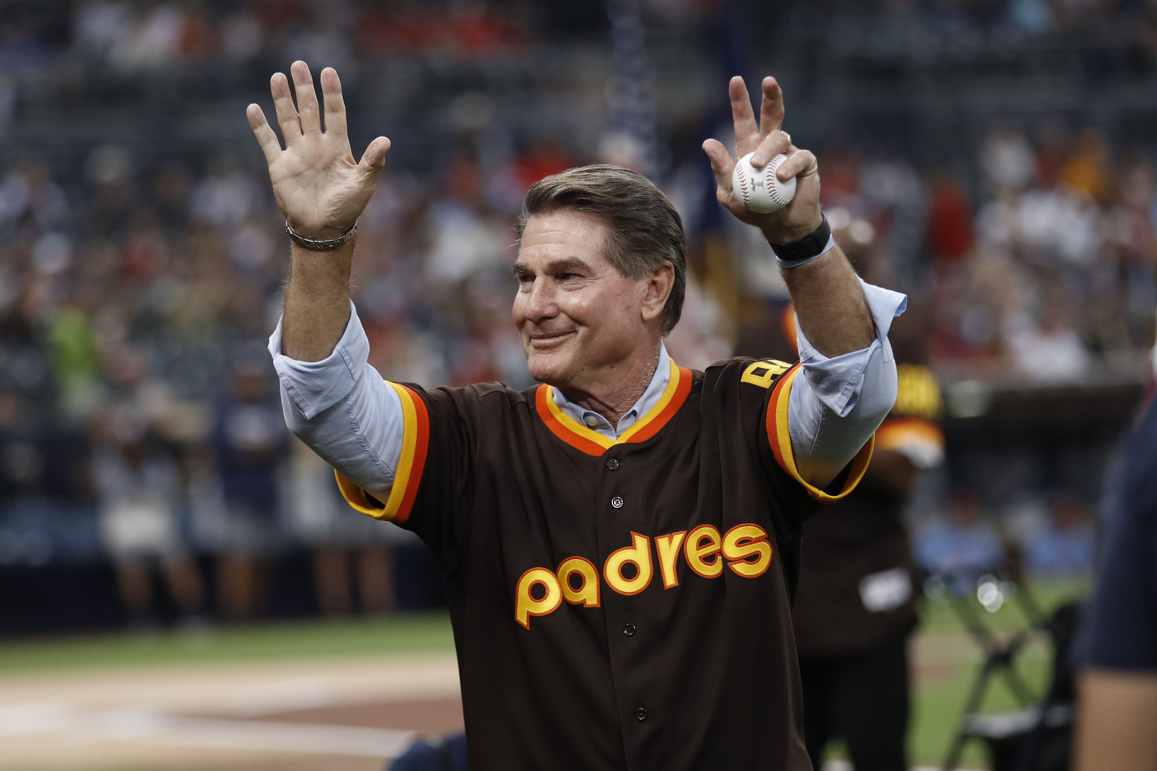 FILE - Former San Diego Padres Steve Garvey waves to fans before a baseball game against the St. Louis Cardinals Saturday, June 29, 2019, in San Diego. Garvey, who played in Los Angeles and San Diego, is considering entering California's 2024 U.S. Senate race as a Republican.
