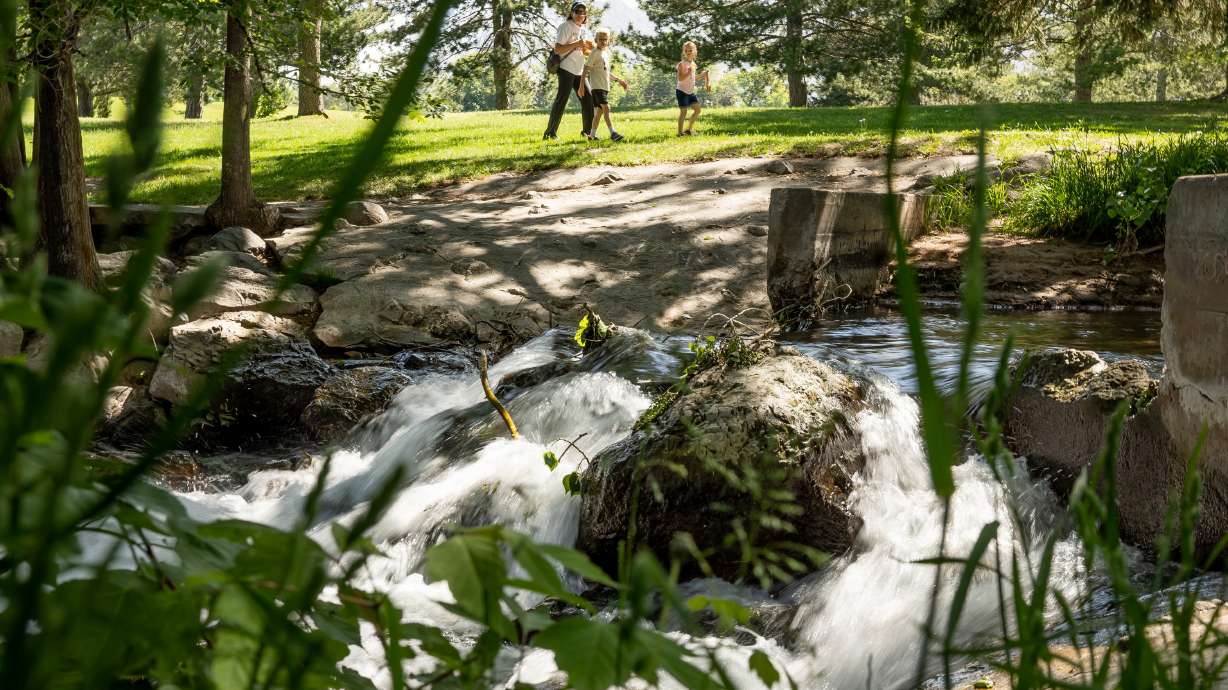 A family keeps a safe distance from rushing water where Parleys Creek flows into the pond at Sugar House Park in Salt Lake City on Thursday. Officials are warning people and their pets to stay clear of rivers and creeks swollen by spring snowmelt.