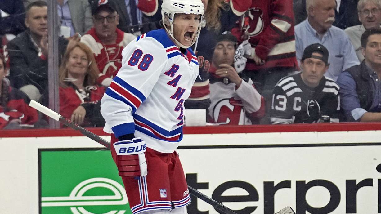 FILE- New York Rangers' Patrick Kane reacts after scoring during the third period of Game 2 of an NHL hockey Stanley Cup first-round playoff series against the New Jersey Devils in Newark, N.J., Thursday, April 20, 2023. Kane underwent hip resurfacing surgery Thursday, June 1, 2023, and is expected to miss 4-6 months. Kane, 34, has been dealing with a nagging hip injury that hampered him this past season with the Chicago Blackhawks and then down the stretch and in the playoffs with the Rangers following a trade at the deadline.