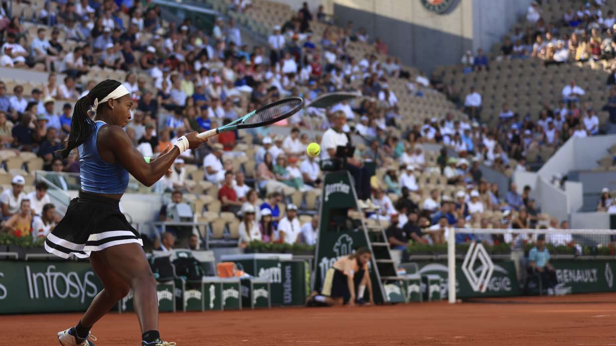 Coco Gauff of the U.S. plays a shot against Austria's Julia Grabher during their second round match of the French Open tennis tournament at the Roland Garros stadium in Paris, Thursday, June 1, 2023.