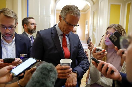 U.S. Senator John Thune, R-S.D., talks to reporters about wrangling over the vote on debt ceiling legislation to avoid a historic default at the U.S. Capitol in Washington, Thursday.