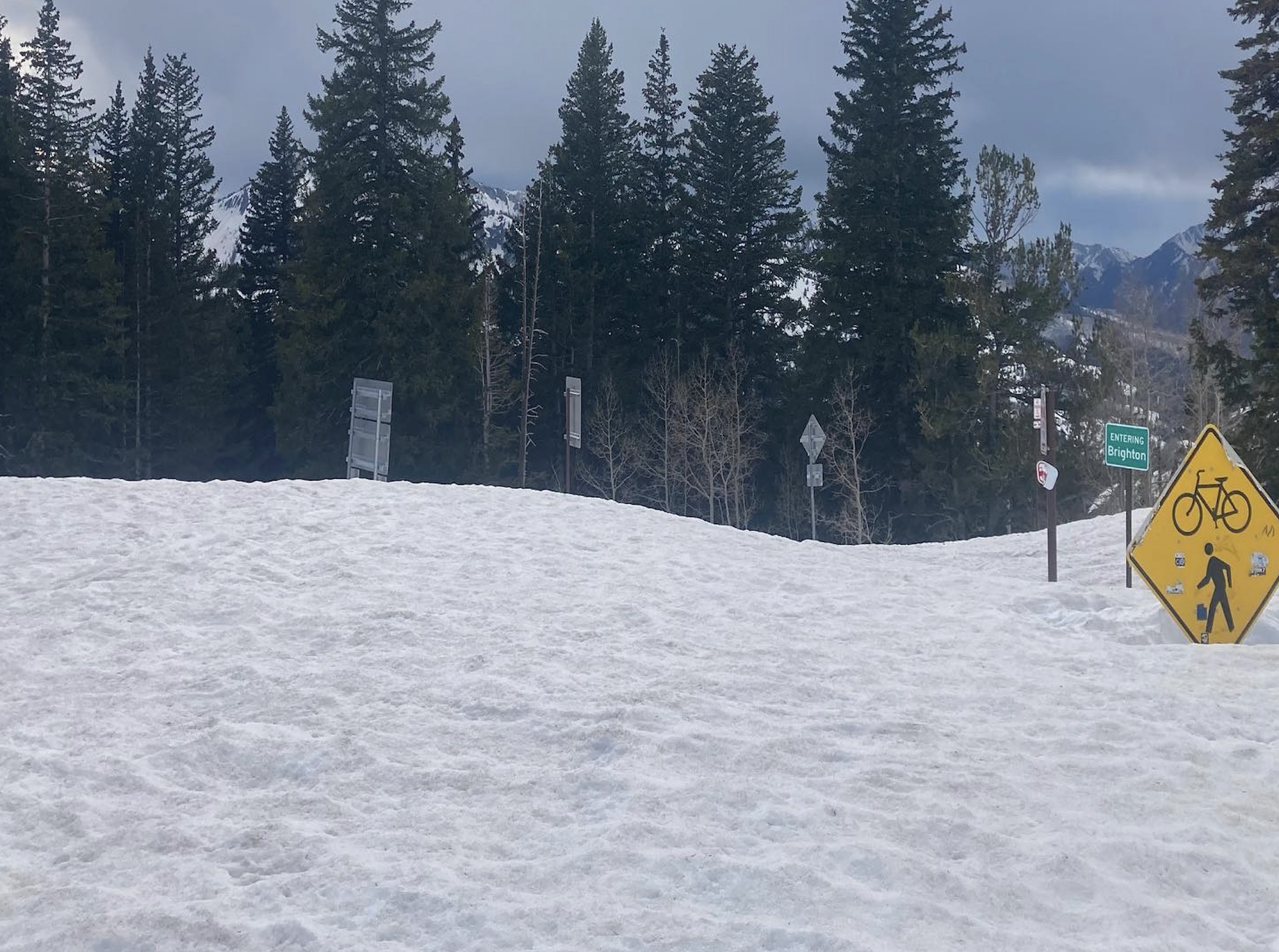 Guardsman Pass in Big Cottonwood Canyon covered in snow on Wednesday. There is no timetable for the road to reopen. The seasonal route typically opens in late May.
