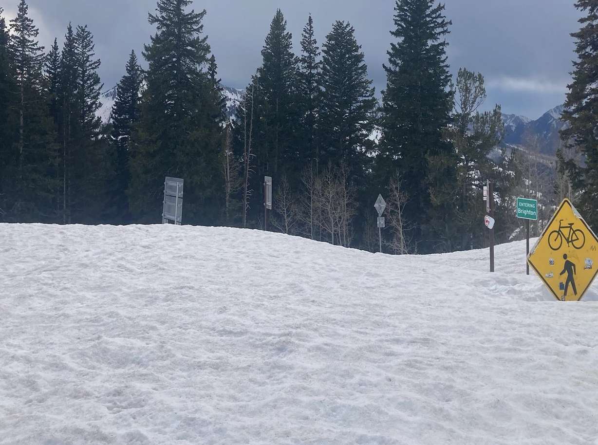 Guardsman Pass in Big Cottonwood Canyon covered in snow on Wednesday. There is no timetable for the road to reopen. The seasonal route typically opens in late May.