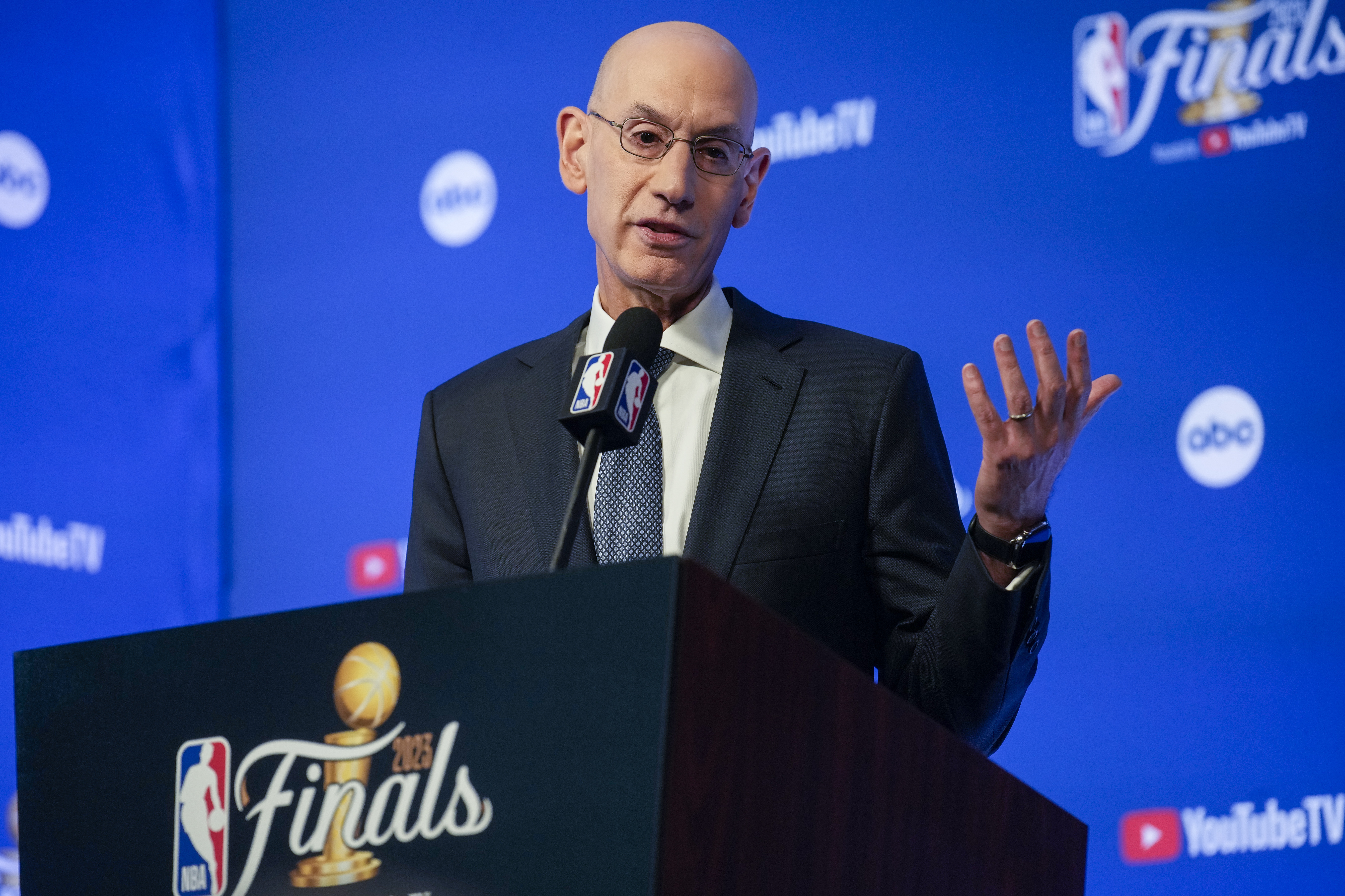 NBA Commissioner Adam Silver speaks to reporters before Game 1 of basketball's NBA Finals between the Denver Nuggets and the Miami Heat, Thursday, June 1, 2023, in Denver.