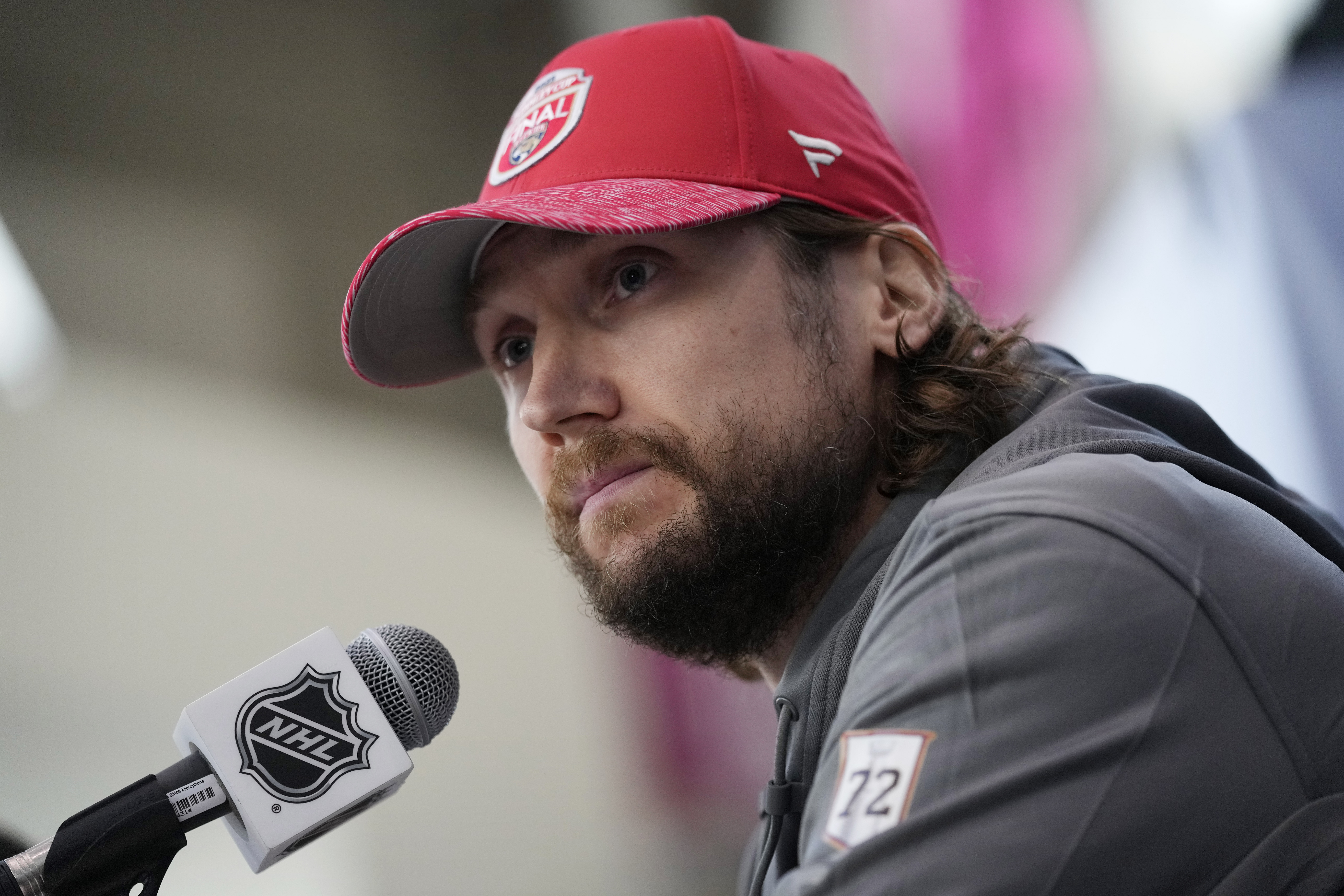Florida Panthers goaltender Sergei Bobrovsky (72) meets with members of the media during a media day ahead of the Stanley Cup hockey finals Friday, June 2, 2023, in Las Vegas.
