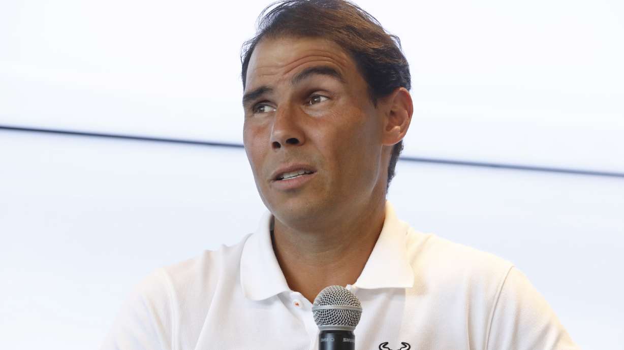 FILE - Spain's Rafael Nadal speaks during a news conference at his tennis academy in Manacor, Mallorca, Spain, Thursday May 18, 2023. Nadal had arthroscopic surgery on Friday, June 2, 2023, for the injured left hip flexor that forced him to sit out the French Open for the first time since he won the first of his record 14 titles there in his 2005 tournament debut.
