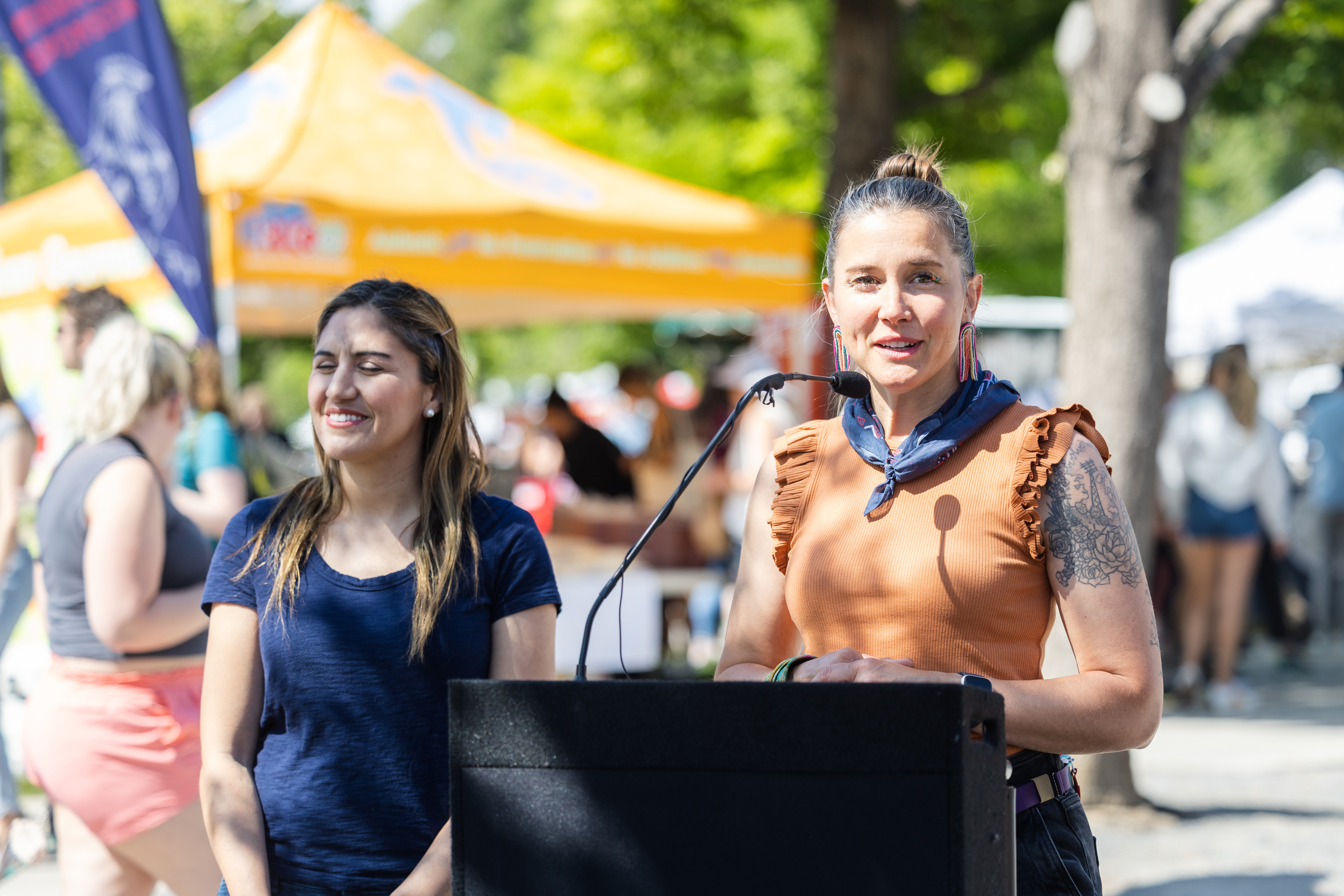 Salt Lake City Mayor Erin Mendenhall speaks during the reopening of the Salt Lake City Downtown Farmers Market at Pioneer Park in Salt Lake City on Saturday.