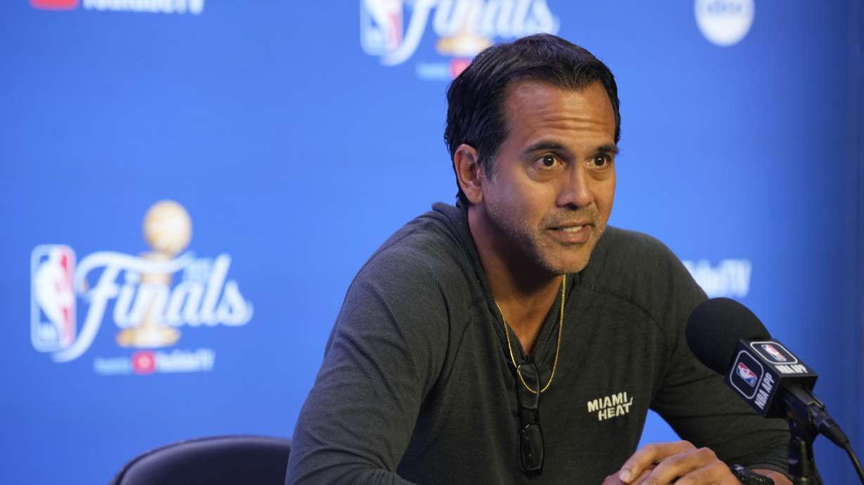 Miami Heat head coach Erik Spoelstra responds to a question at a news conference before practice for Game 2 of the NBA Finals, Saturday, June 3, 2023, in Denver.