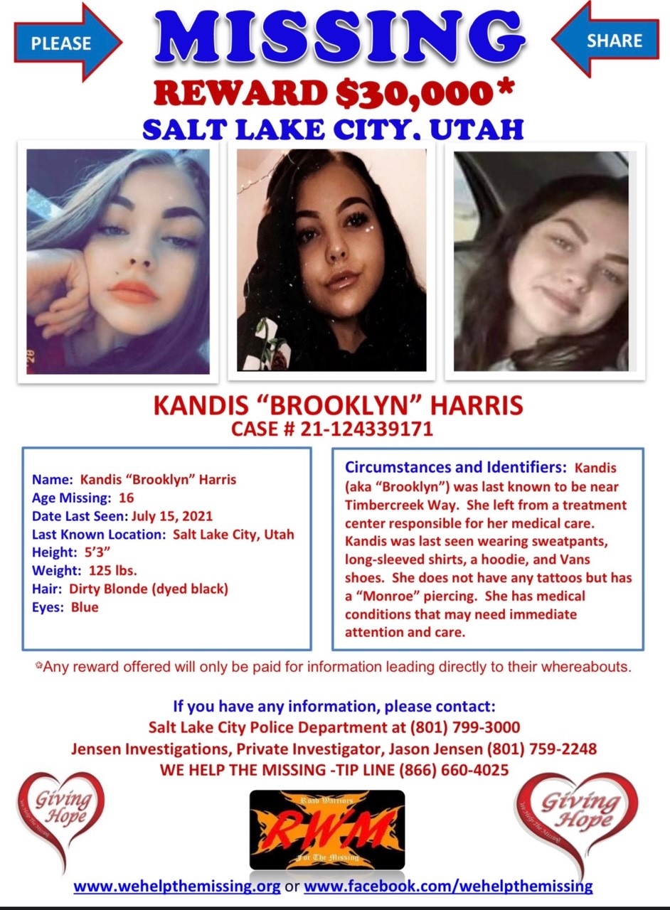 A poster shows a $30,000 reward in the case of Kandis Harris, the Tooele teen who has been missing for two years.