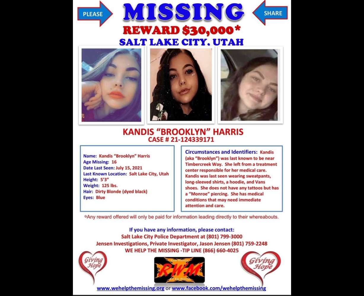 A poster shows a $30,000 reward in the case of Kandis Harris, the Tooele teen who has been missing for two years.