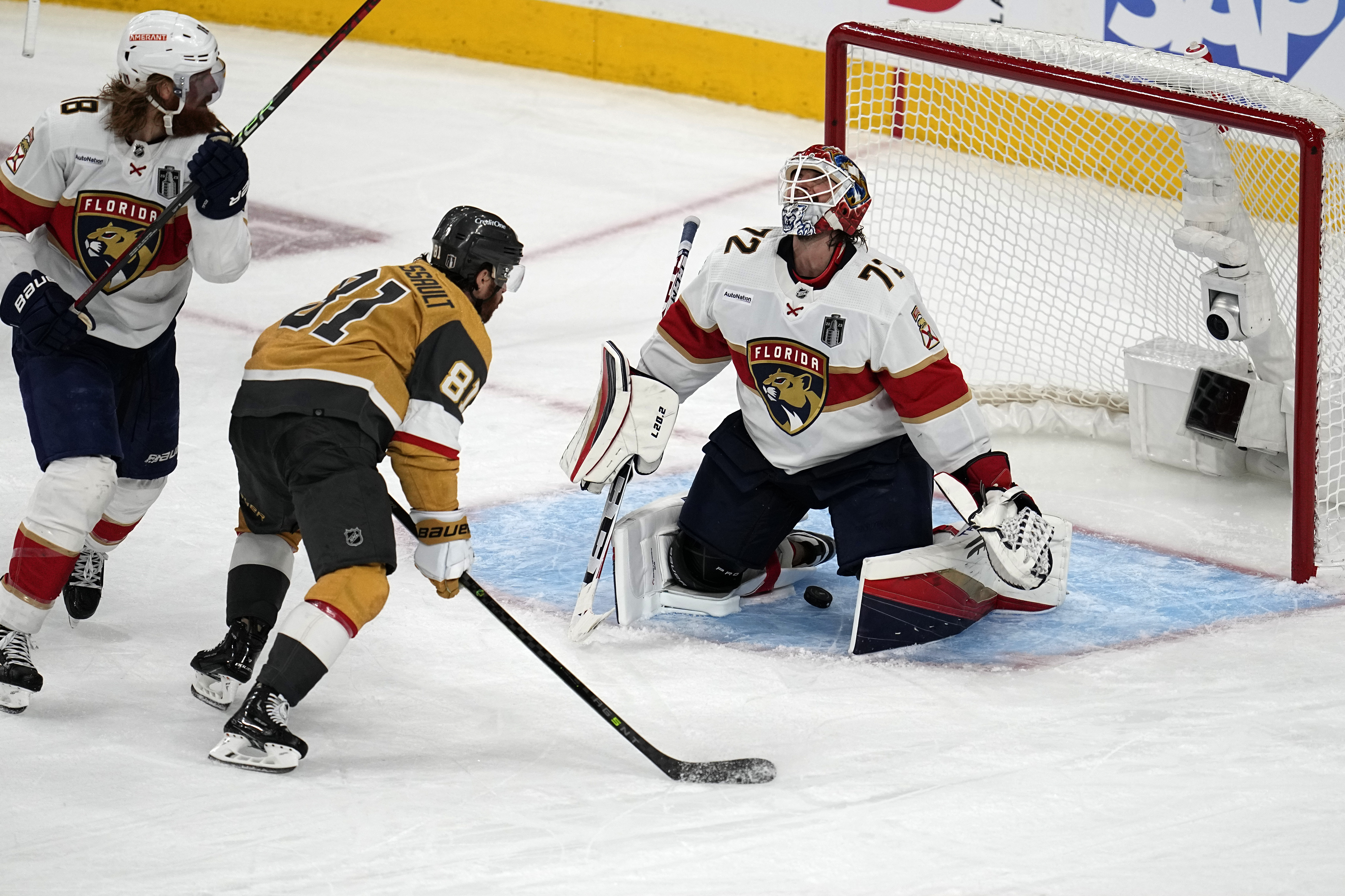 Vegas Golden Knights right wing Jonathan Marchessault (81) watches as a goal by defenseman Zach Whitecloud slips past Florida Panthers goaltender Sergei Bobrovsky (72) during the third period of Game 1 of the NHL hockey Stanley Cup Finals, Saturday, June 3, 2023, in Las Vegas.