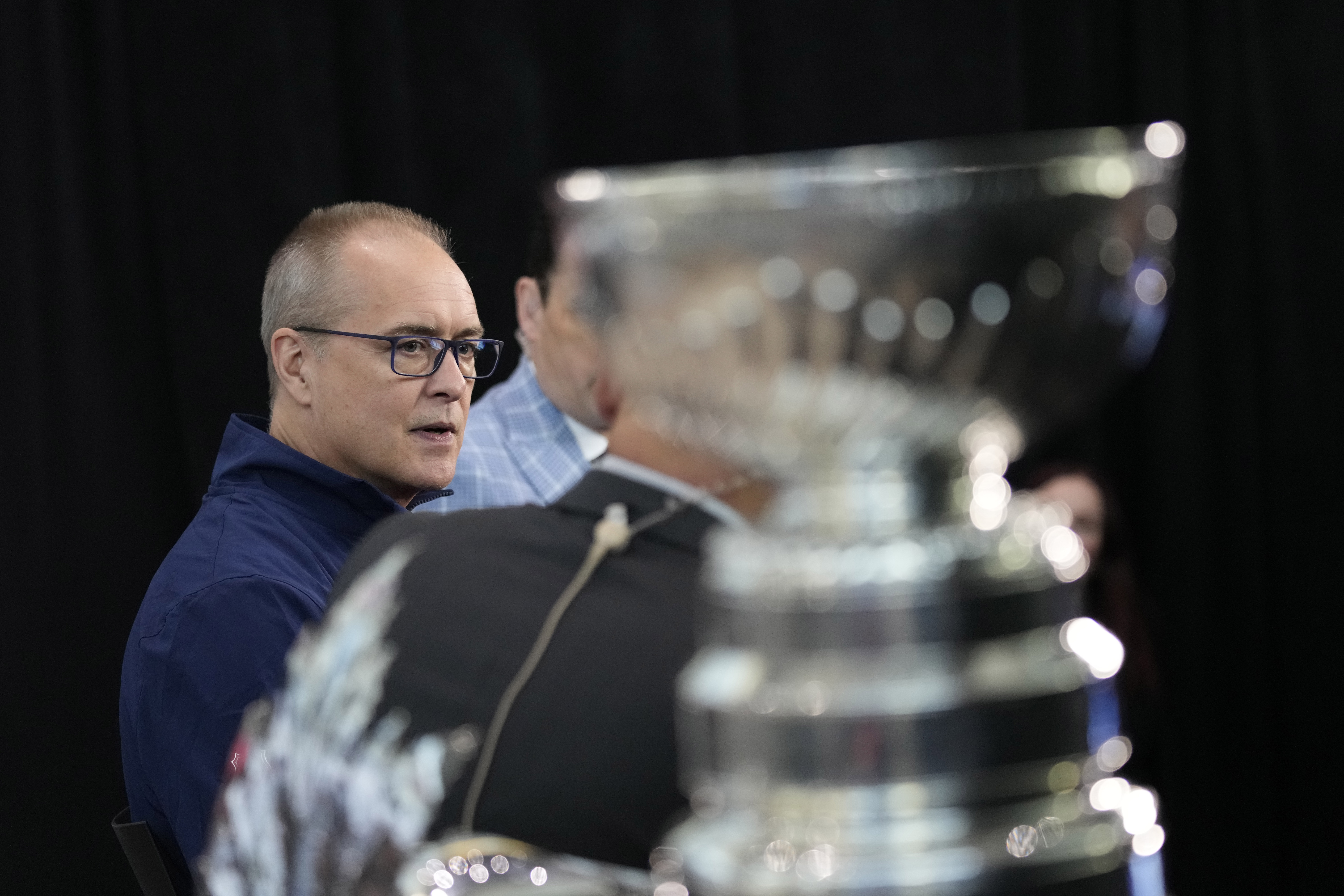 Florida Panthers head coach Paul Maurice speaks with members of the media during a media day ahead of the Stanley Cup hockey finals Friday, June 2, 2023, in Las Vegas.