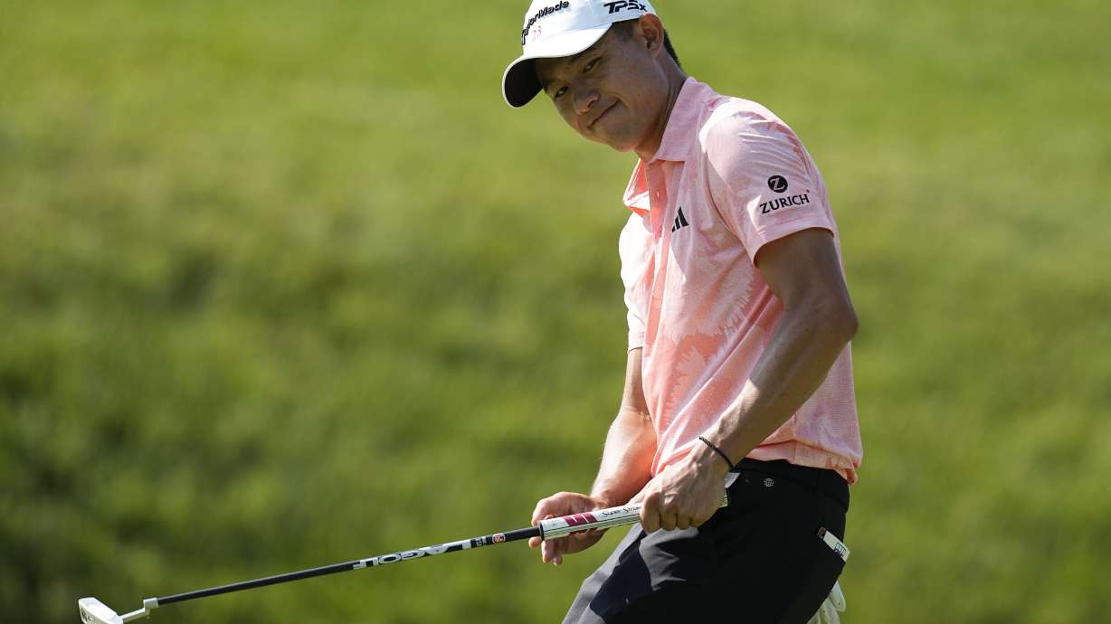 Collin Morikawa reacts to a missed putt on the 17th green during the first round of the Memorial golf tournament, Thursday, June 1, 2023, in Dublin, Ohio.