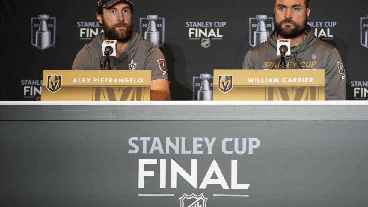 Vegas Golden Knights defenseman Alex Pietrangelo, left, and left wing William Carrier speak to the media during an NHL hockey news conference, Sunday, June 4, 2023, in Las Vegas.