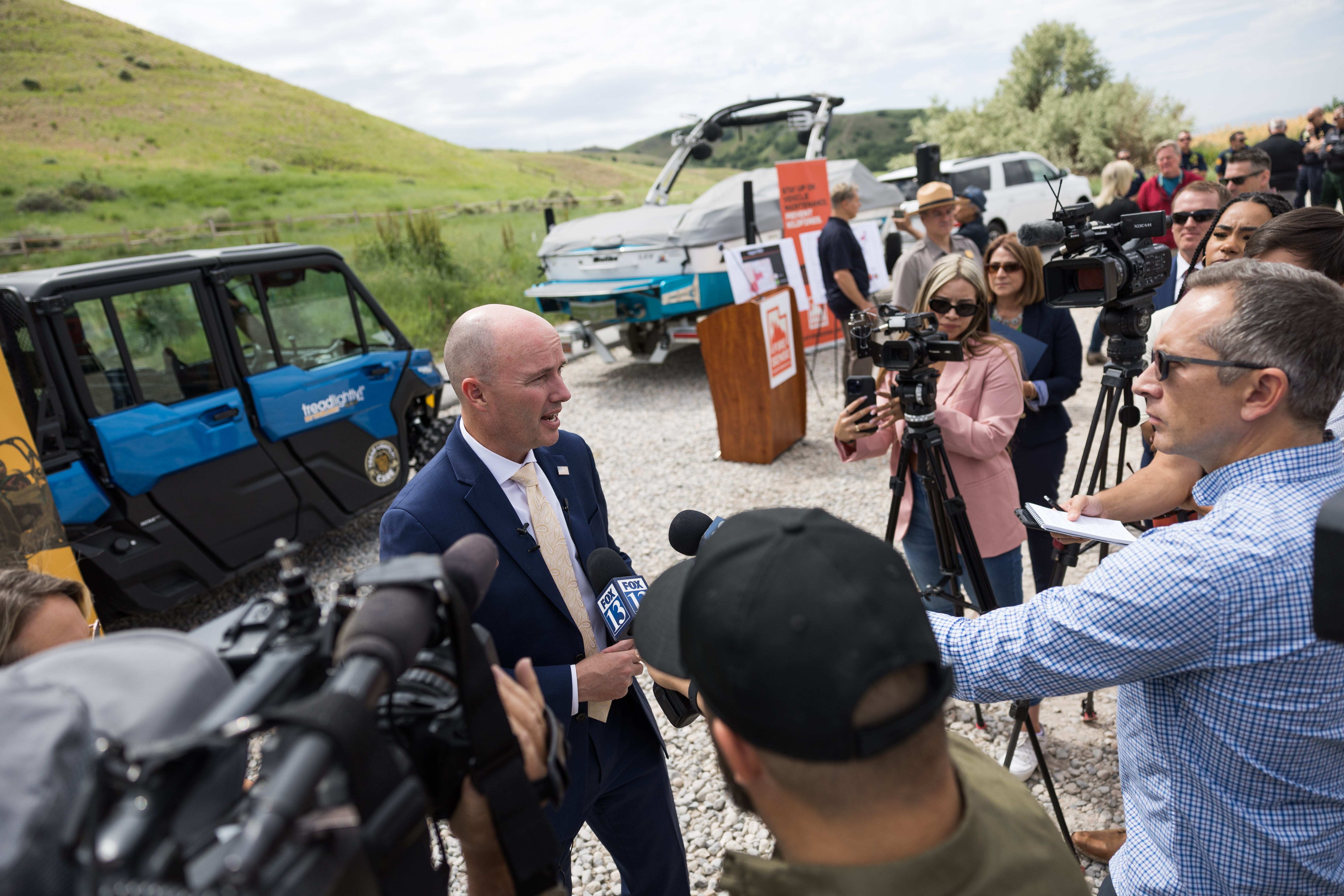 Gov. Spencer Cox speaks to reporters at a press conference in North Salt Lake warning residents about wildfire risks on Monday.