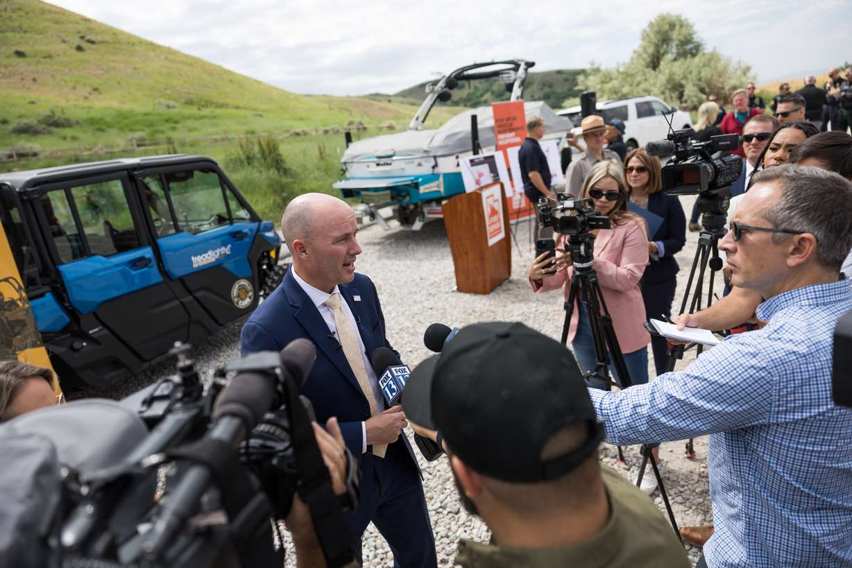 Gov. Spencer Cox speaks to reporters at a press conference in North Salt Lake warning residents about wildfire risks on Monday.