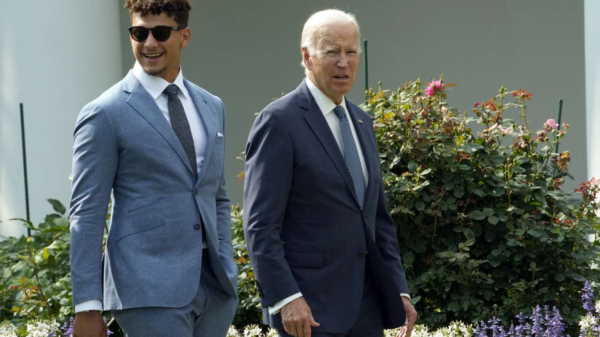 President Joe Biden walks with Kansas City Chiefs quarterback Patrick Mahomes as he welcomes the football team to the White House in Washington, Monday, June 5, 2023, to celebrate their championship season and victory in Super Bowl LVII.