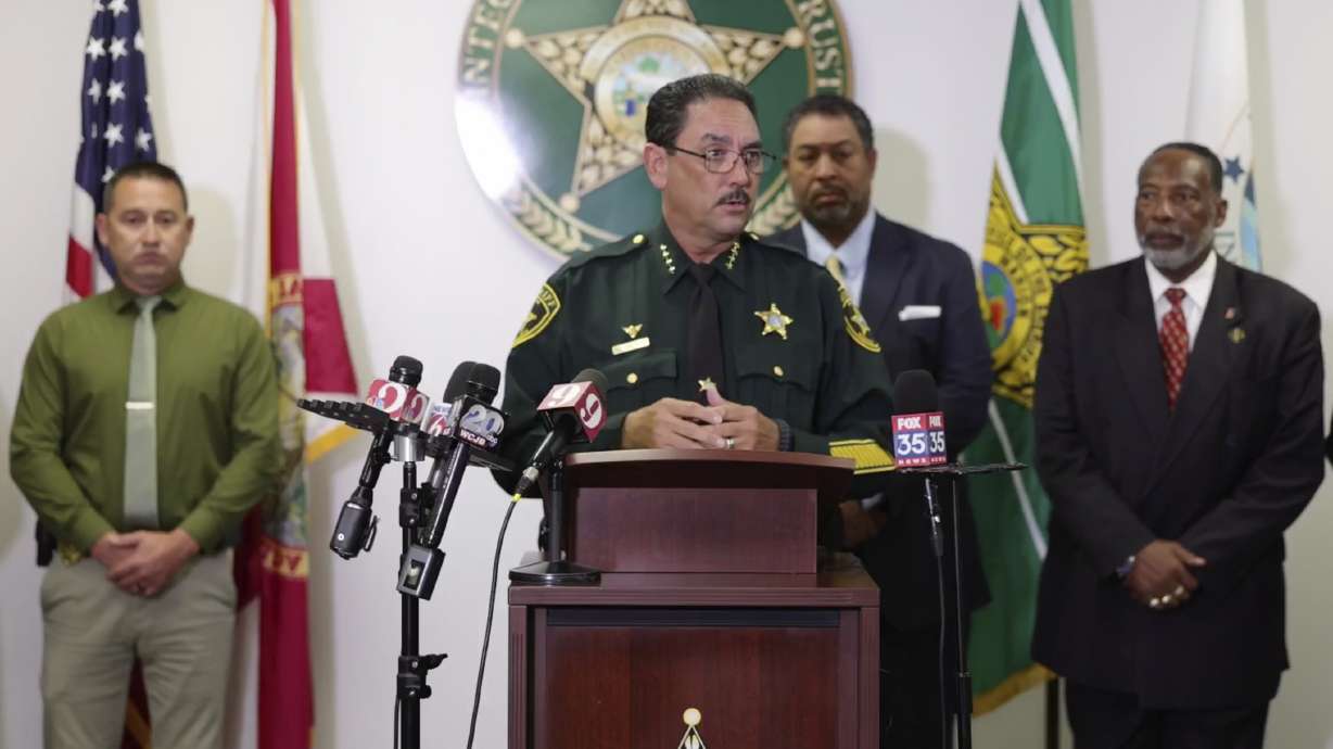 Sheriff Billy Woods speaks at a news conference, in Ocala, Fla., Monday. Officials say a neighborhood feud over playing children has ended in a Florida mother’s fatal shooting.