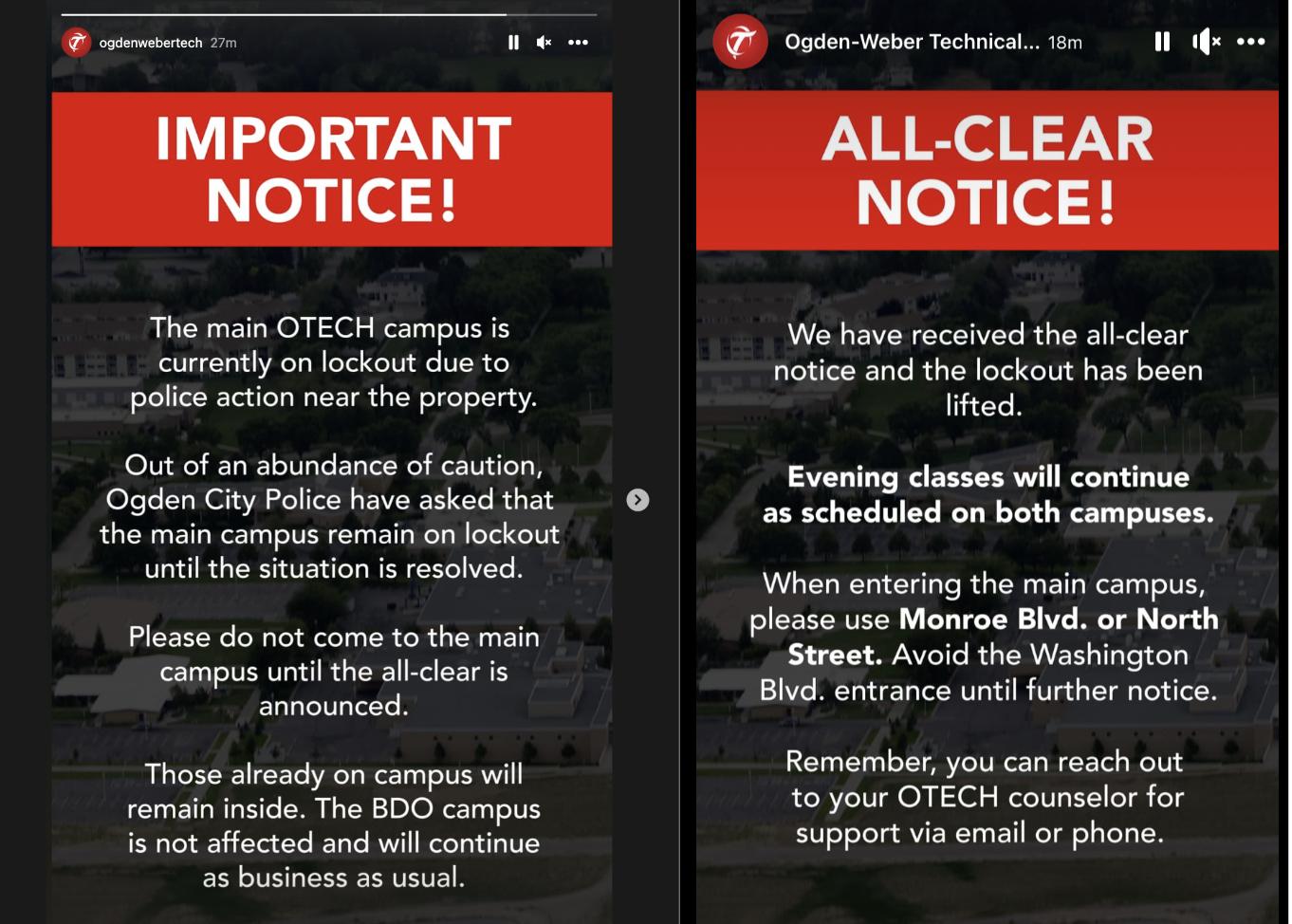 Ogden-Weber Technical College issued a shelter in place warning at about 3:40 p.m. Tuesday after a police shooting took place near the college's Washington Boulevard incident.