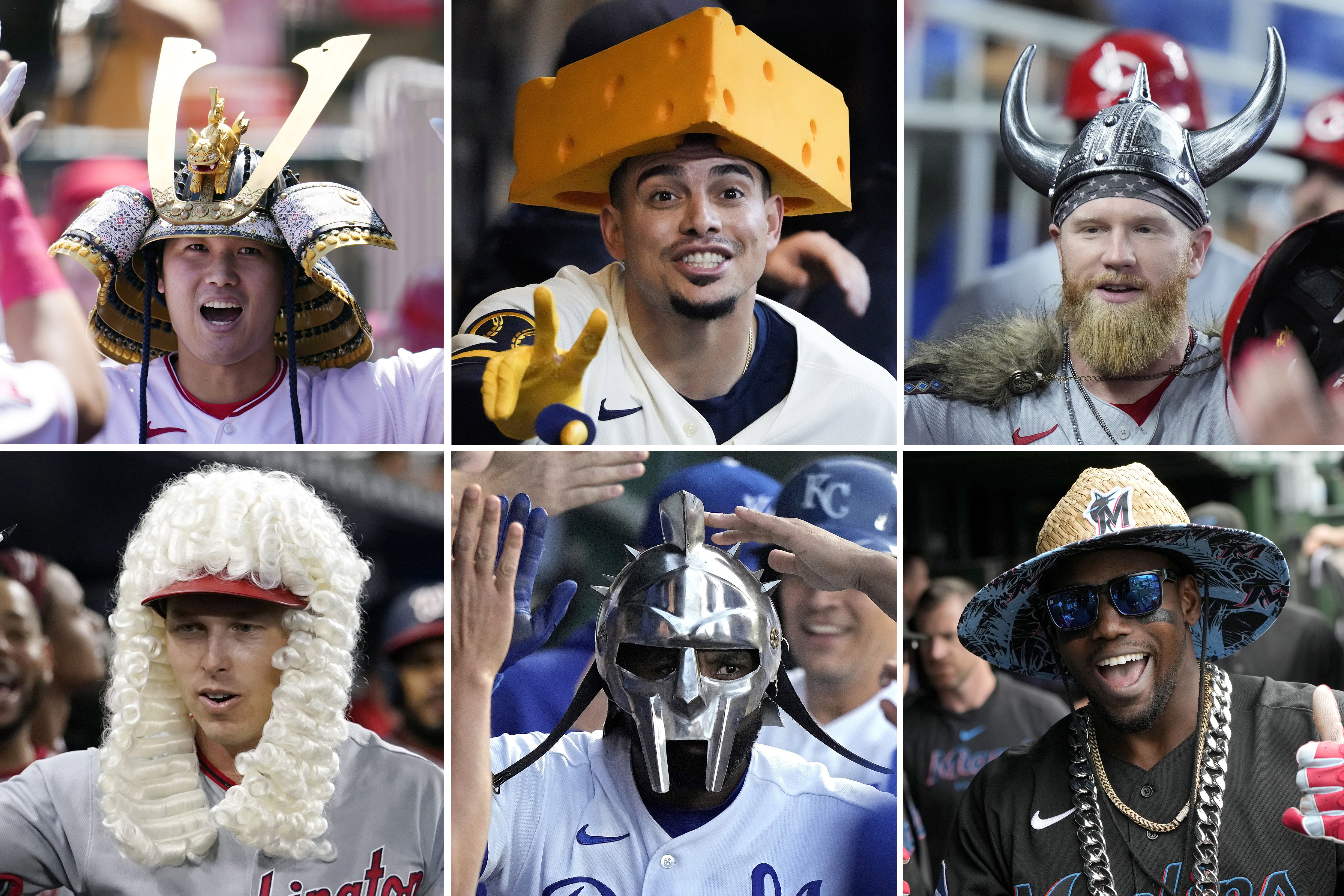 This photo combination of images first row left to right; Los Angeles Angels' Shohei Ohtani, April 9, 2023, in Aneheim, Ca., Milwaukee Brewers' Willy Adames, May 24, 2023, in Milwaukee, Cincinnati Reds' Jake Fraley, May 13, 2023, in Miami, 2nd row, left to right; Washington Nationals Corey Dickerson, May 17, 2023, Miami, Kansas City Royals' Jackie Bradley Jr., May 23, 2023, in Kansas City, and Miami Marlins' Jorge Soler, May 6, 2023, wearing run-scoring celebratory attire when they return to their team dugouts.