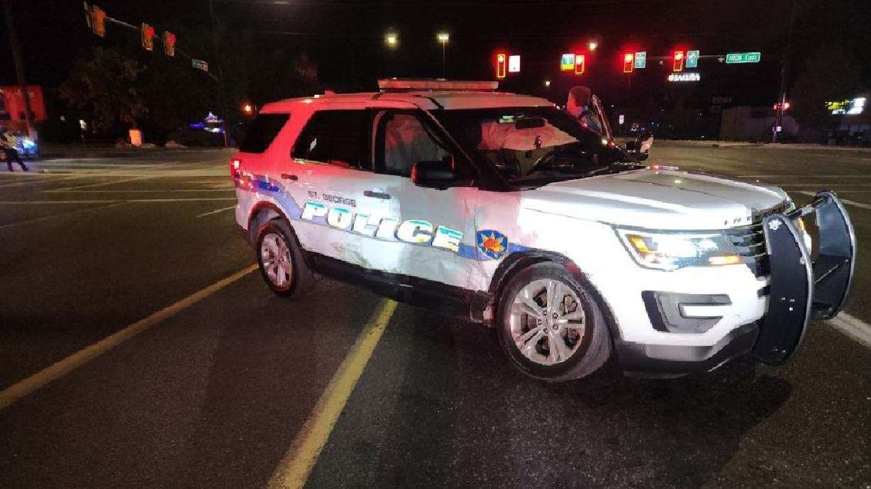 A St. George police patrol vehicle is struck in a T-bone crash at the intersection of St. George Boulevard and North 1000 East in St. George, Friday.