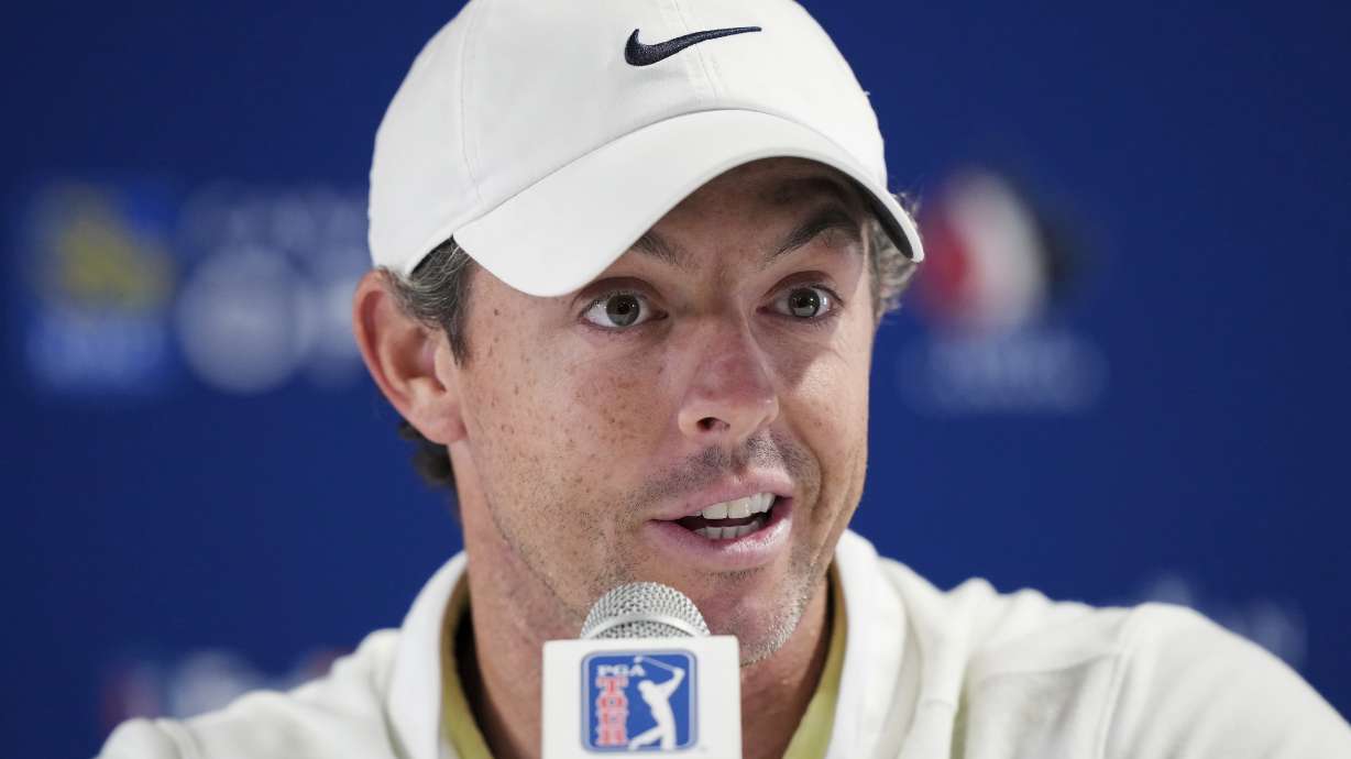 Rory McIlroy speaks to the media about the deal merging the PGA Tour and European tour with Saudi Arabia's golf interests at the Canadian Open golf tournament in Toronto on Wednesday, June 7, 2023.