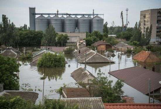 A view shows a flooded area after the Nova Kakhovka dam breached, amid Russia's attack on Ukraine, in Kherson, Ukraine, Thursday.