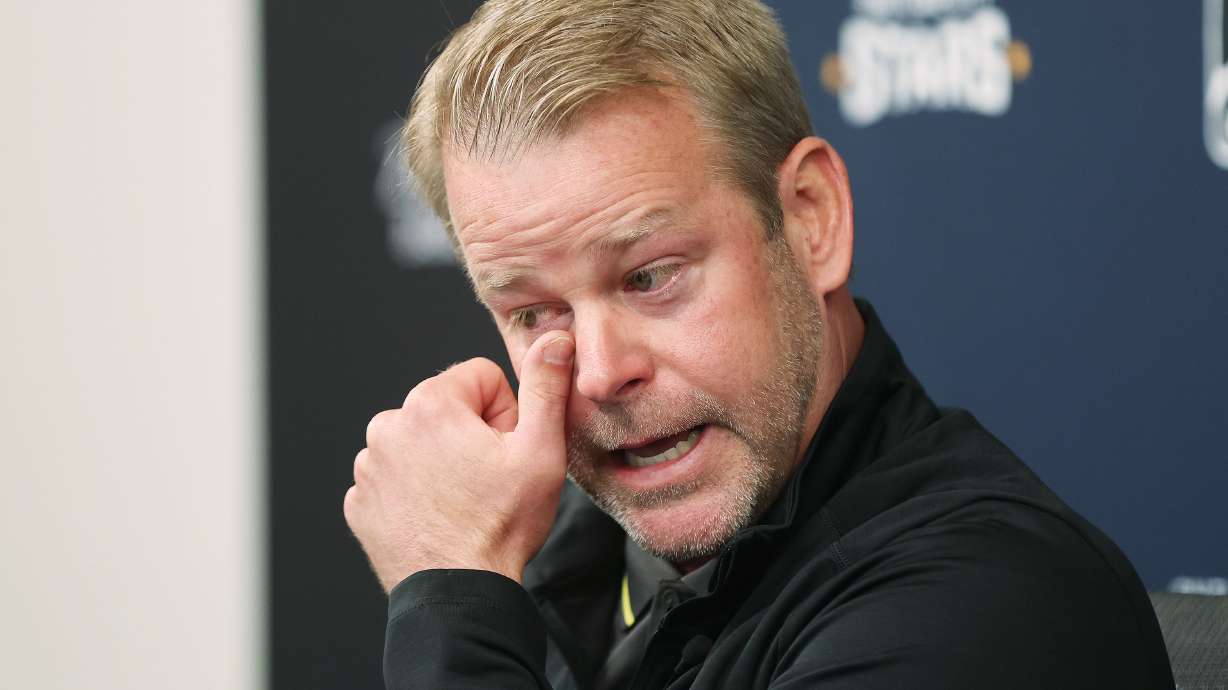 Steve Wojciechowski shows emotion while speaking to media during a press conference after being introduced as the new Salt Lake City Stars coach in Salt Lake City on Wednesday, June 7, 2023.