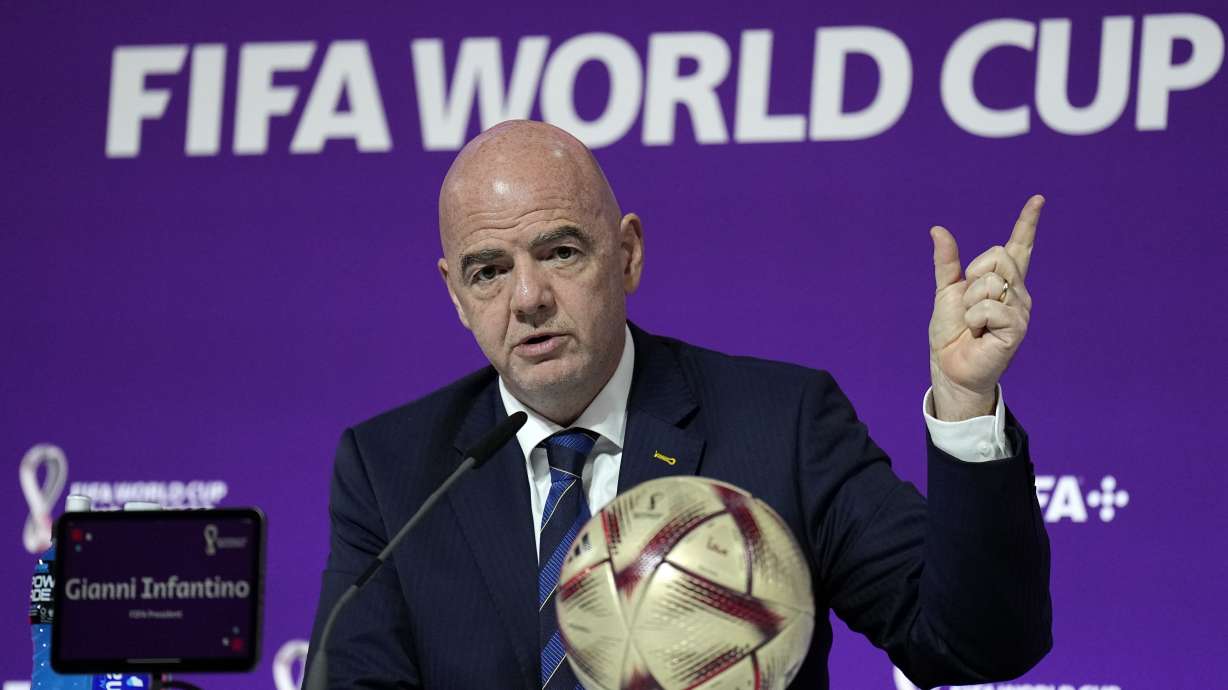 FILE FIFA President Gianni Infantino meets the media at the FIFA World Cup closing press conference in Doha, Qatar, Friday, Dec. 16, 2022.. An advertising regulator says FIFA made false claims about last year's World Cup in Qatar being carbon neutral. The Swiss Commission for Fairness says FIFA was “not able to provide proof that the claims were accurate.”