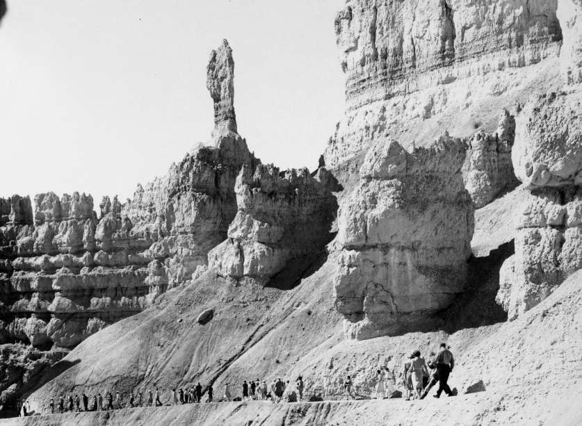 Tourists hike along the Comanche Trail under Sunset Point at Bryce Canyon National Park sometime between 1929 and 1935. This area of the park helped inspire J.W. Humphrey to push for the area's preservation beginning in 1915.