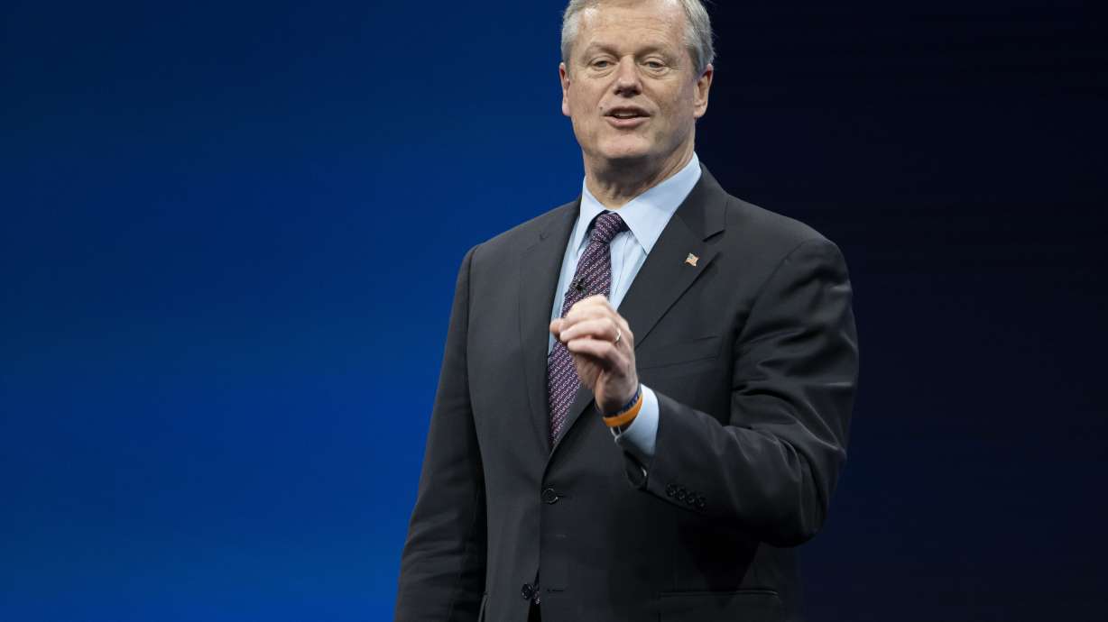 FILE - Incoming NCAA president Charlie Baker speaks during the NCAA Convention, Thursday, Jan. 12, 2023, in San Antonio. NCAA President Charlie Baker wants a federal law to regulate the way college athletes can be compensated for name, image and likeness that creates a registry of deals, agent certification and uniform contract standards.